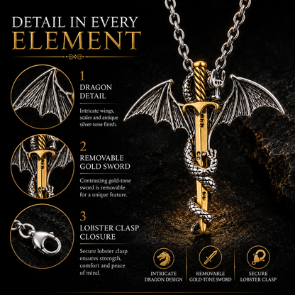 Game of Thrones Inspired Gold Sword Silver Dragon Necklace