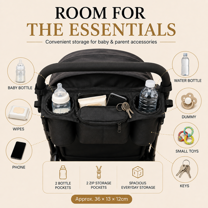 Generise Pram Storage Bag – Universal Pushchair Organiser with Bottle Holders & Zip Pockets