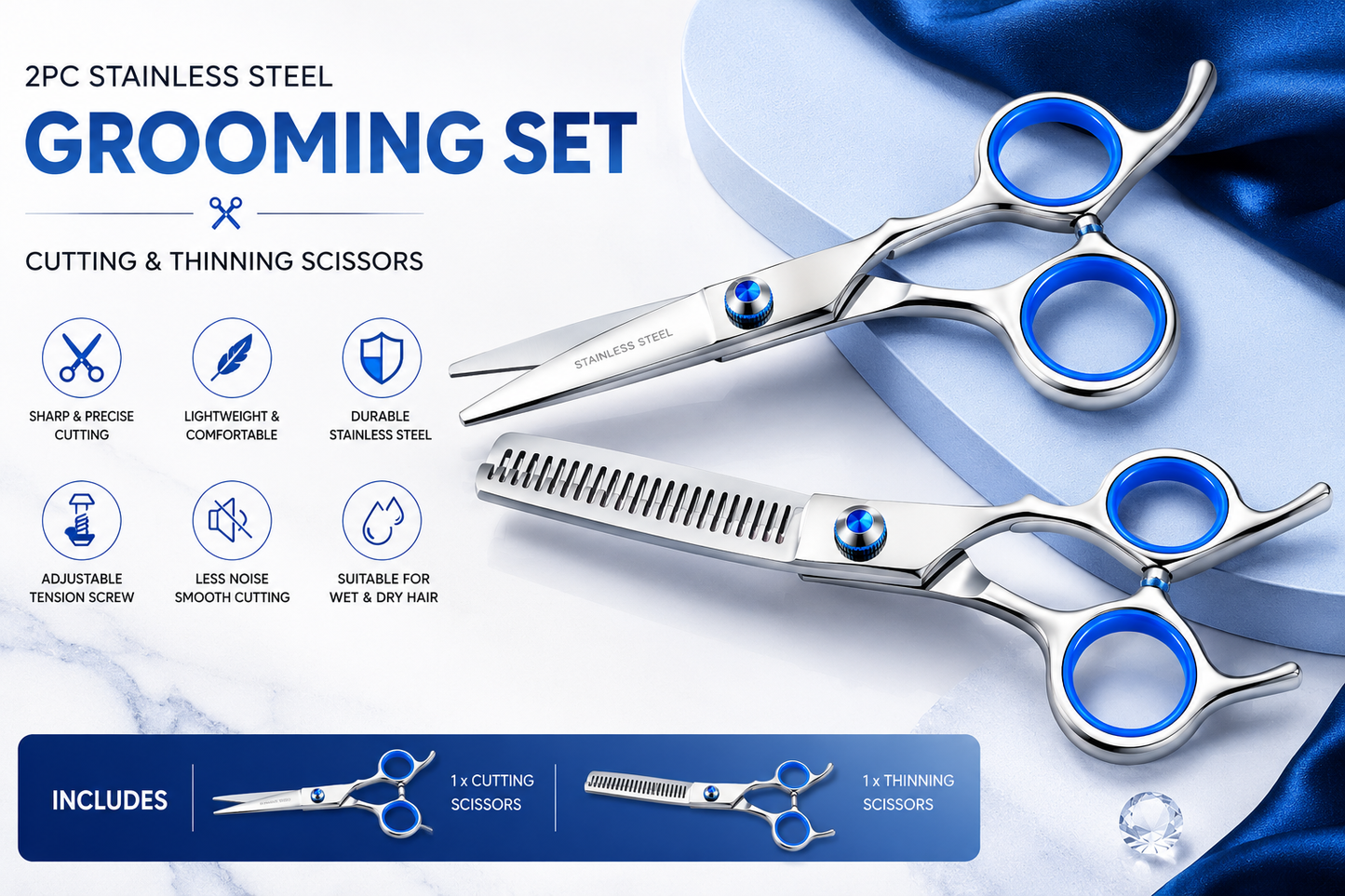 Generise 2pc Grooming Stainless Steel Scissor Set - Cutting and Thinning Scissors