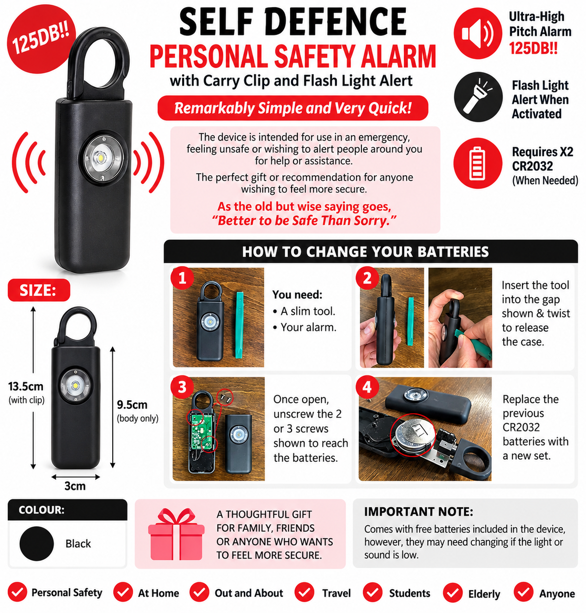 Self Defence Personal Safety Alarm 125dB with LED Flash Light & Carry Clip – Black