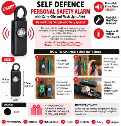 Self Defence Personal Safety Alarm 125dB with LED Flash Light & Carry Clip – Black