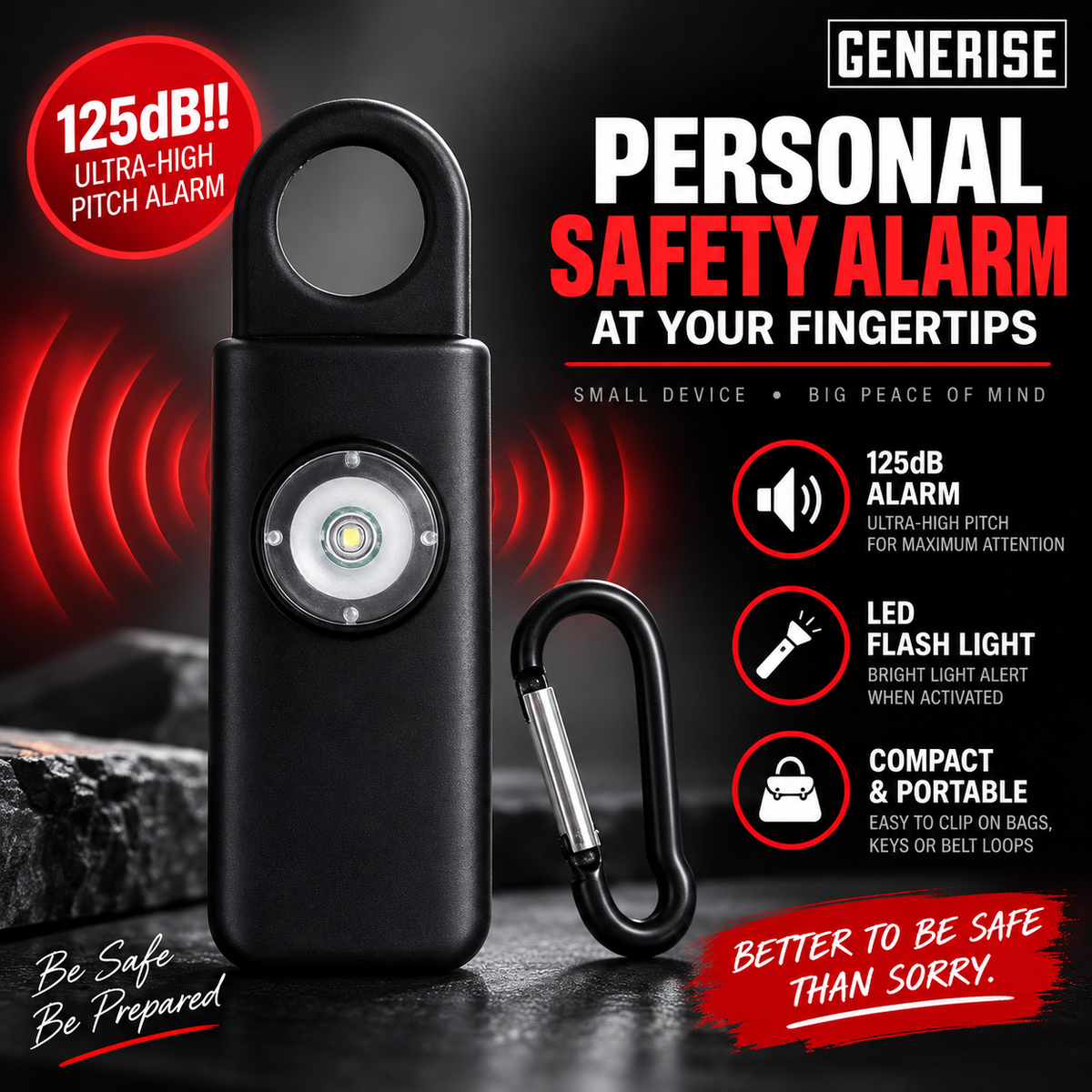 Self Defence Personal Safety Alarm 125dB with LED Flash Light & Carry Clip – Black