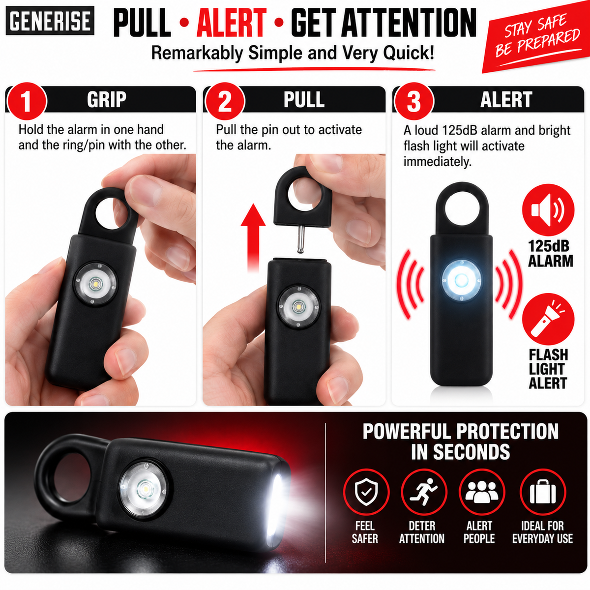 Self Defence Personal Safety Alarm 125dB with LED Flash Light & Carry Clip – Black
