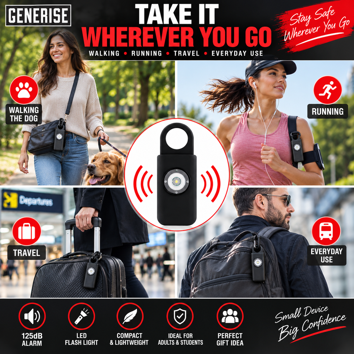 Self Defence Personal Safety Alarm 125dB with LED Flash Light & Carry Clip – Black