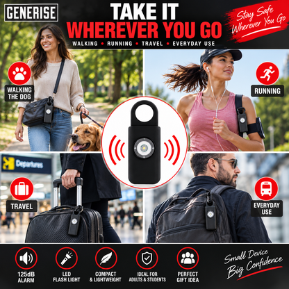 Self Defence Personal Safety Alarm 125dB with LED Flash Light & Carry Clip – Black