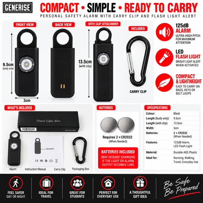 Self Defence Personal Safety Alarm 125dB with LED Flash Light & Carry Clip – Black