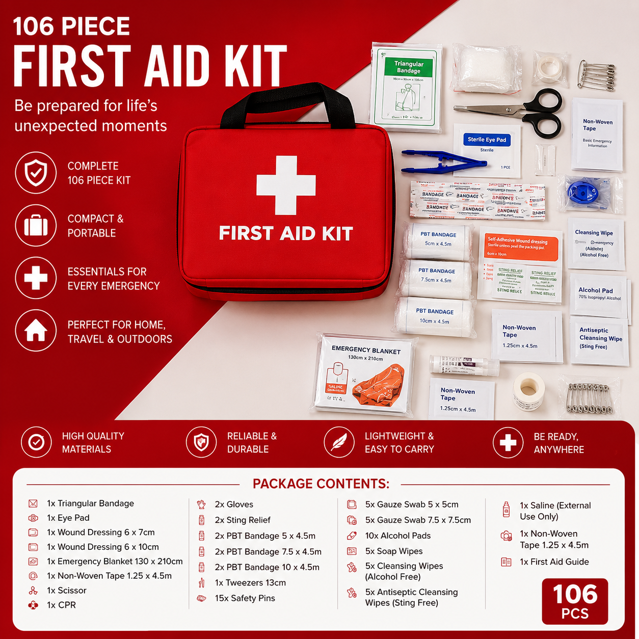 106 Piece First Aid Kit with Carry Bag