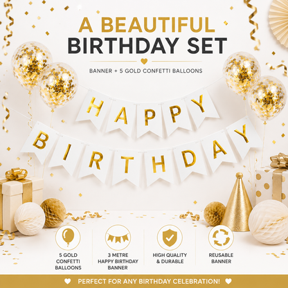 Generise Happy Birthday Banner with 5 Gold Confetti Balloons – White
