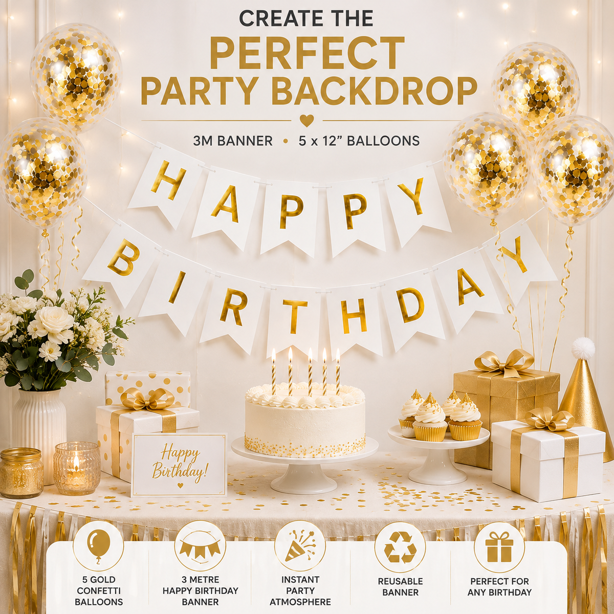 Generise Happy Birthday Banner with 5 Gold Confetti Balloons – White