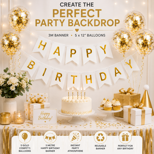 Generise Happy Birthday Banner with 5 Gold Confetti Balloons – White