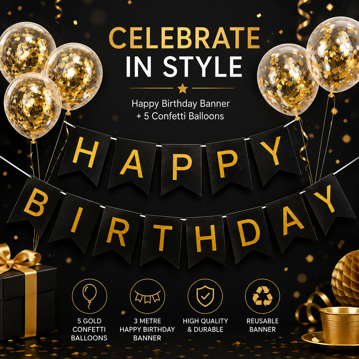 Generise Happy Birthday Banner with 5 Gold Confetti Balloons – Black