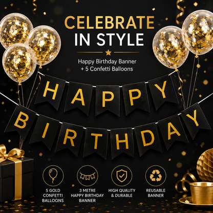 Generise Happy Birthday Banner with 5 Gold Confetti Balloons – Black