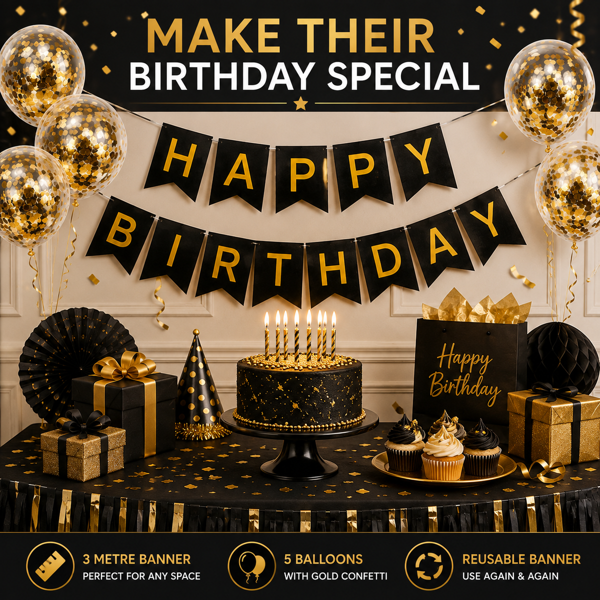 Generise Happy Birthday Banner with 5 Gold Confetti Balloons – Black
