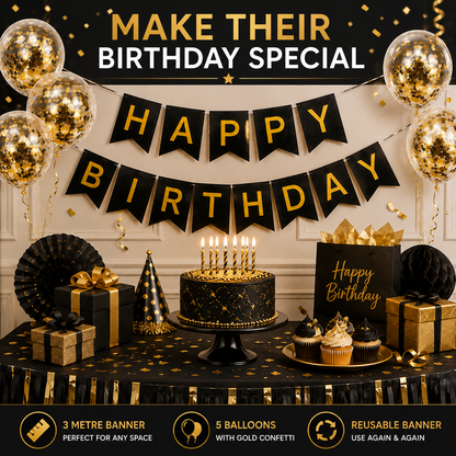 Generise Happy Birthday Banner with 5 Gold Confetti Balloons – Black