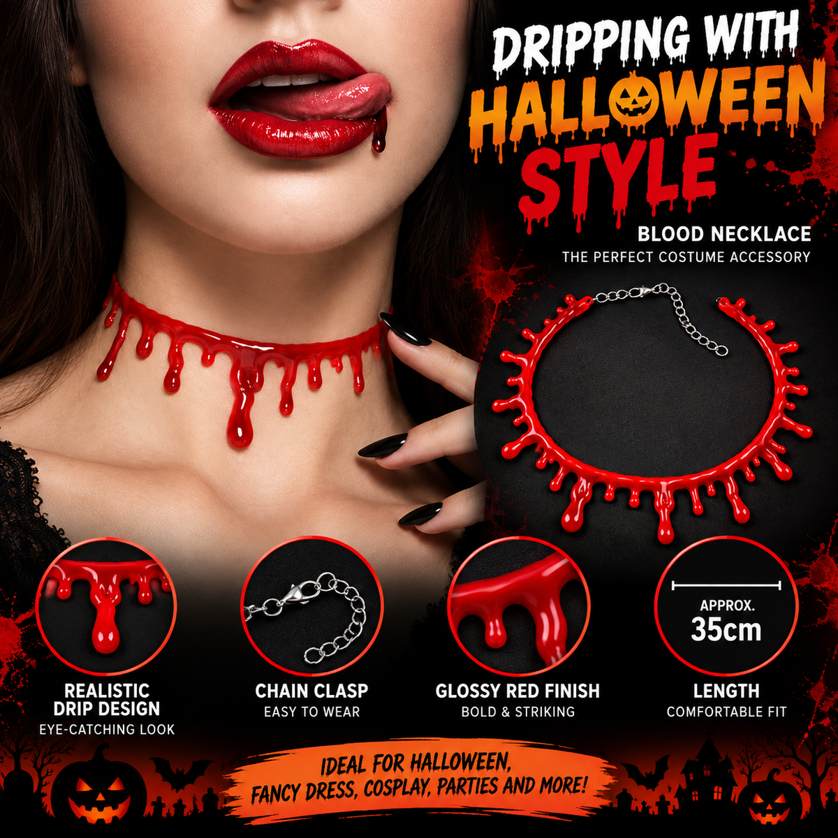 Halloween Blood Necklace – Red Fancy Dress Choker Costume Accessory