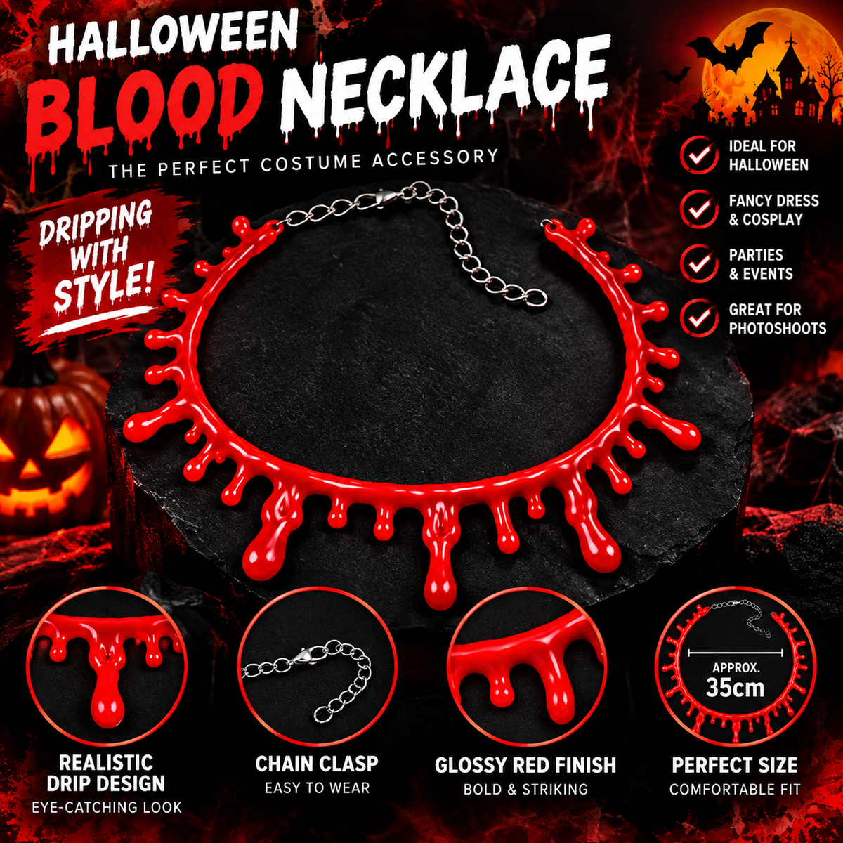 Halloween Blood Necklace – Red Fancy Dress Choker Costume Accessory