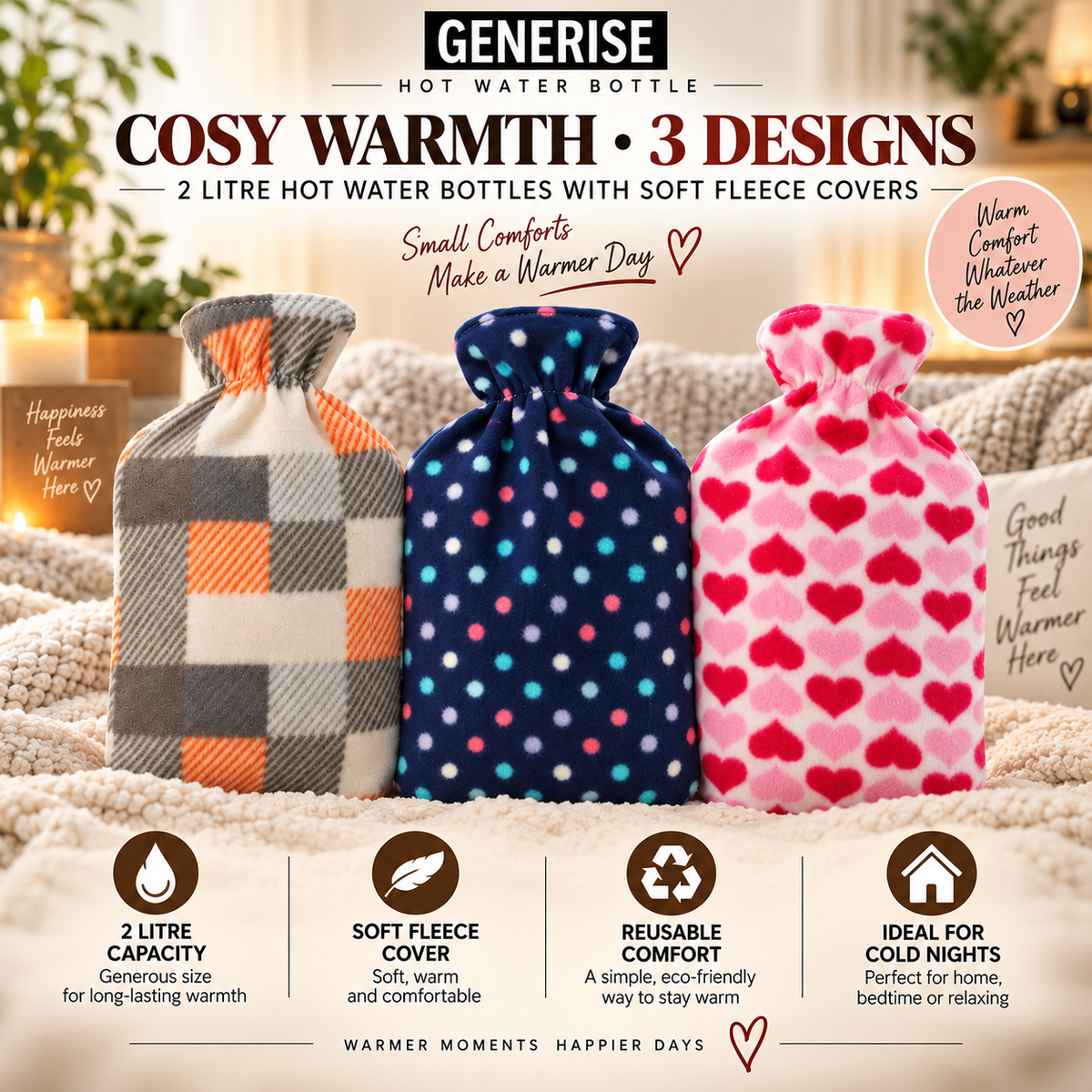 Generise 2 Litre Hot Water Bottle with Fleece Cover - RANDOM COLOUR SELECT