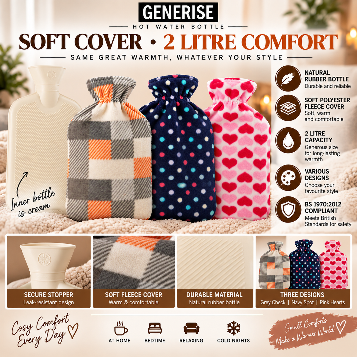 Generise 2 Litre Hot Water Bottle with Fleece Cover - RANDOM COLOUR SELECT