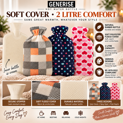 Generise 2 Litre Hot Water Bottle with Fleece Cover - RANDOM COLOUR SELECT