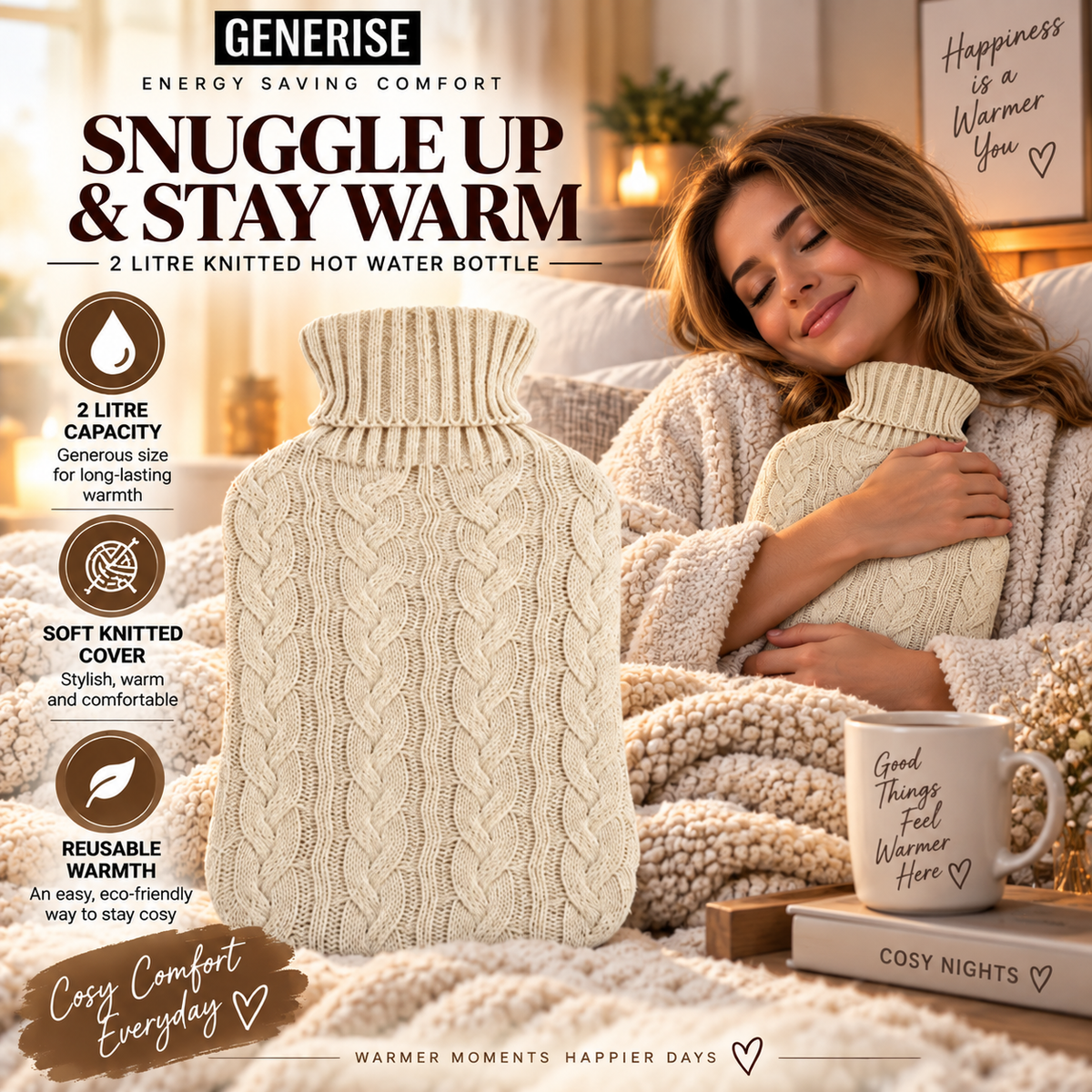Generise 2 Litre Knitted Hot Water Bottle – Cosy, Stylish & Energy Saving