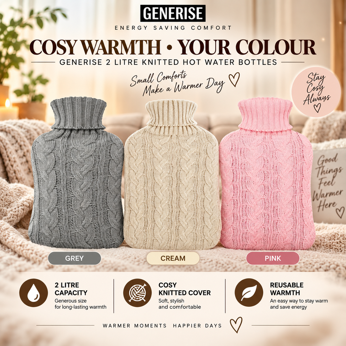 Generise 2-Litre Knitted Hot Water Bottle – Cosy, Stylish & Energy-Saving - RANDOM COLOUR