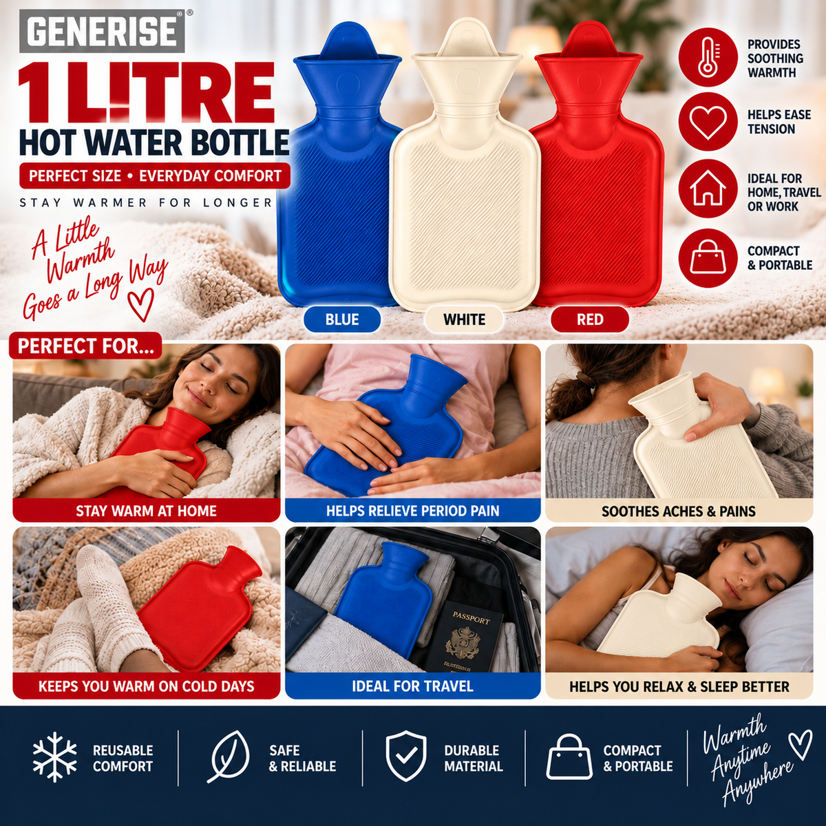 Generise Energy Saving Hot Water Bottles - 1 Litre