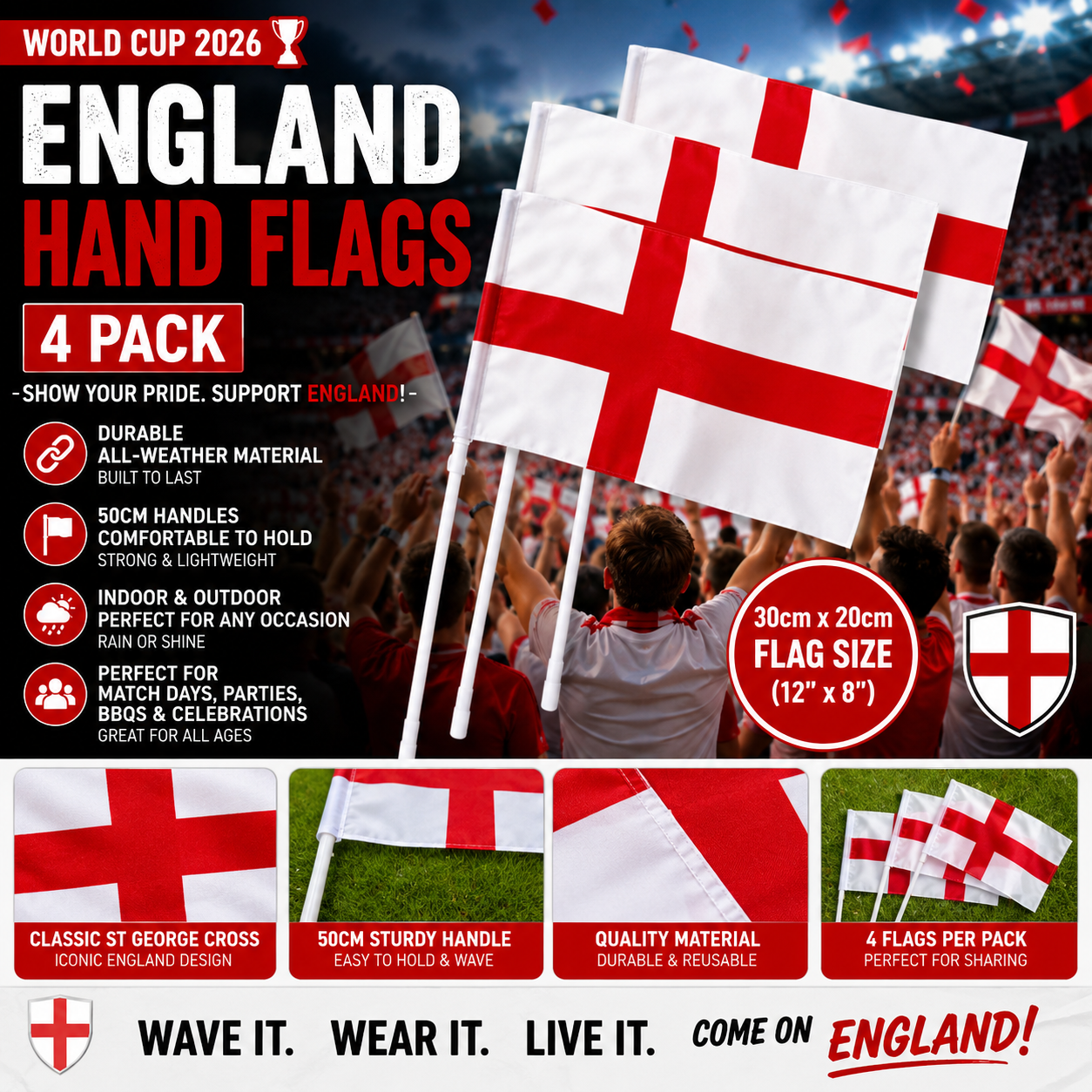 World Cup 2026 England Hand Flags 4 Pack – 30cm x 20cm
