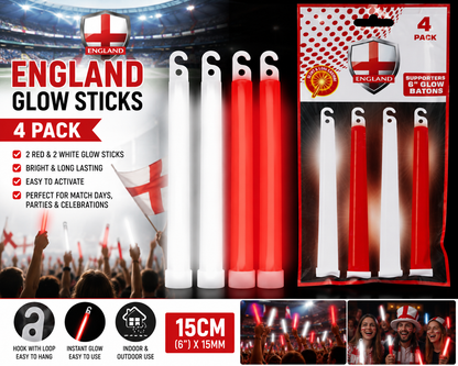 World Cup 2026 England Glow Sticks – 4 Pack Red &amp; White | 15cm