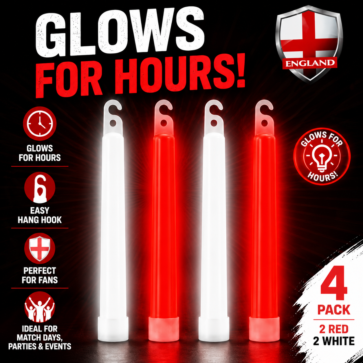 World Cup 2026 England Glow Sticks – 4 Pack Red &amp; White | 15cm