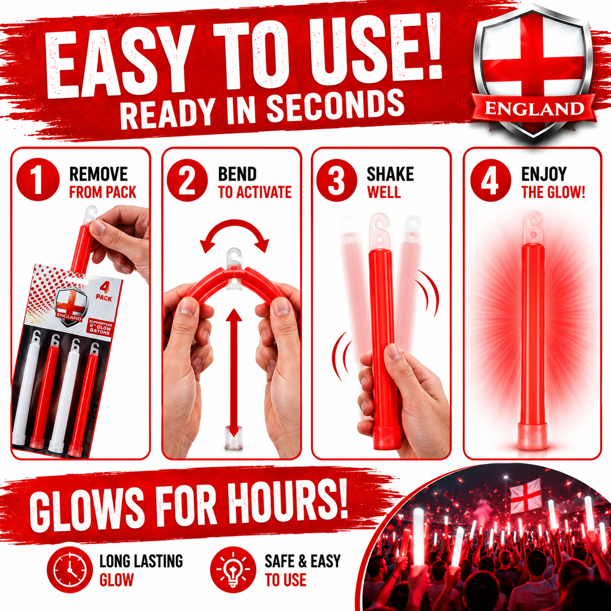 World Cup 2026 England Glow Sticks – 4 Pack Red &amp; White | 15cm