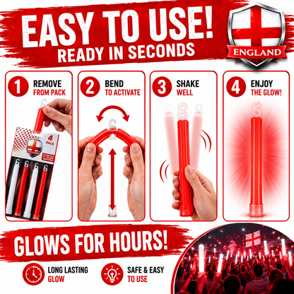 World Cup 2026 England Glow Sticks – 4 Pack Red &amp; White | 15cm