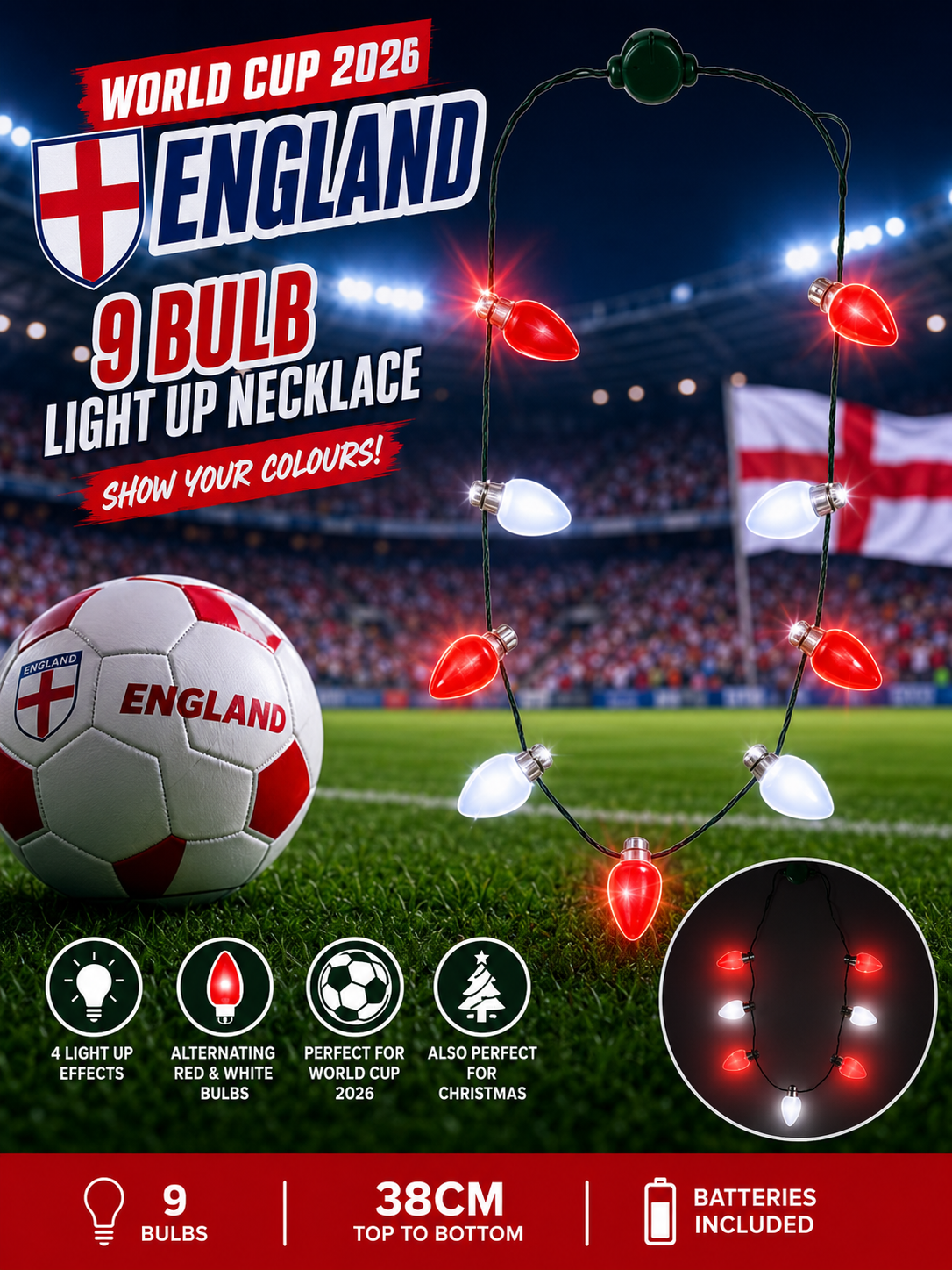 World Cup 2026 England Team 9 Bulb Light Up Necklace