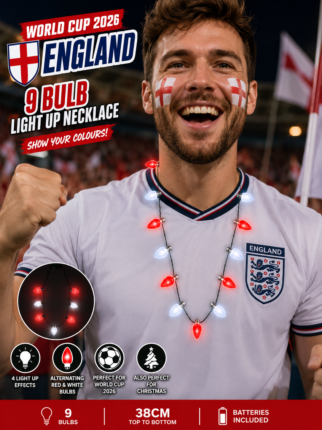 World Cup 2026 England Team 9 Bulb Light Up Necklace