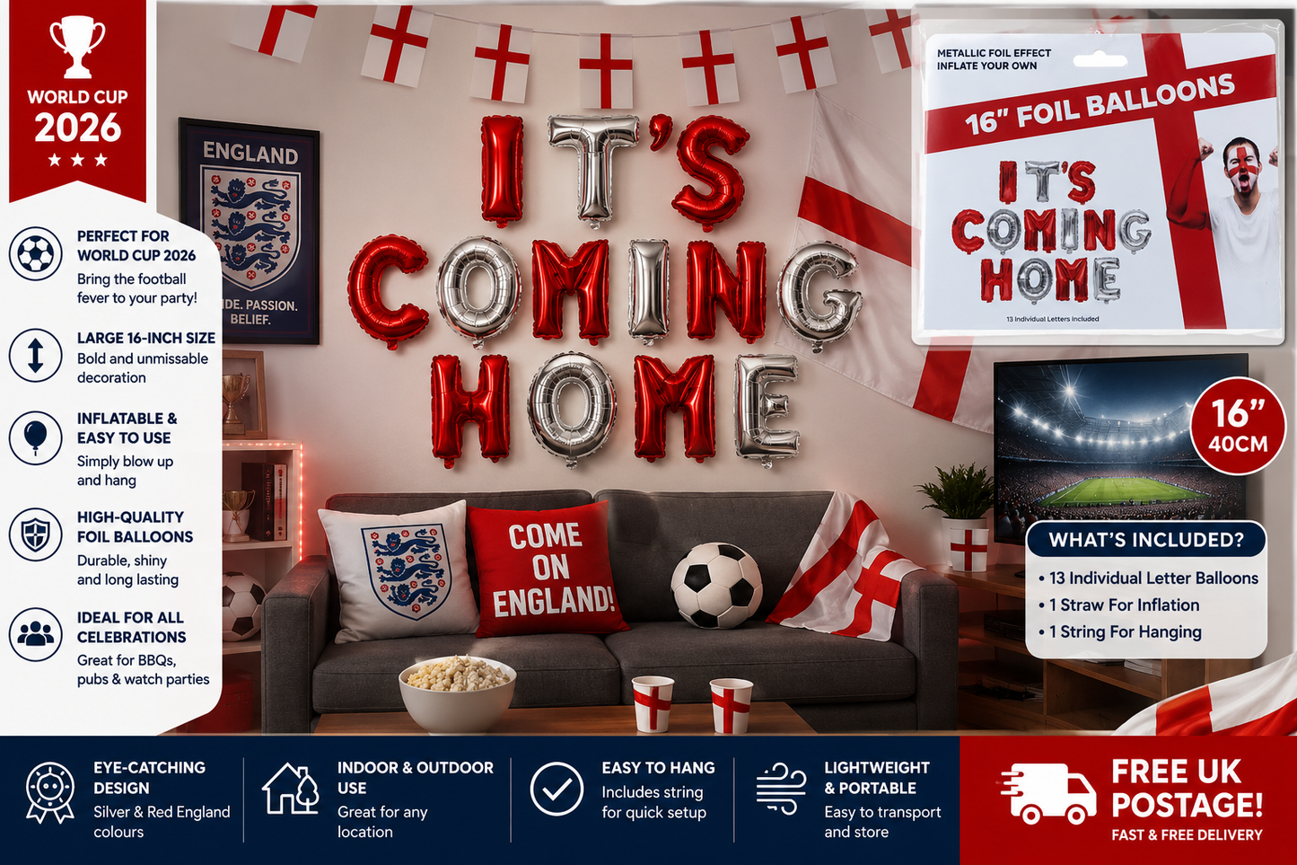 World Cup "ITS COMING HOME" 2026 Football Inflatable Balloon Set – 16 Inch - 40cm!!