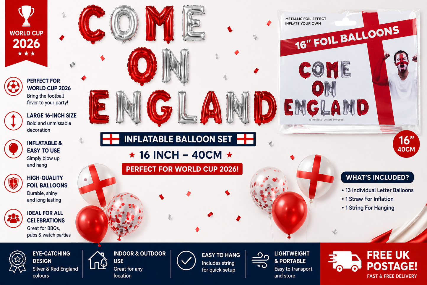 World Cup "COME ON ENGLAND" Balloon Banner - Large 16"