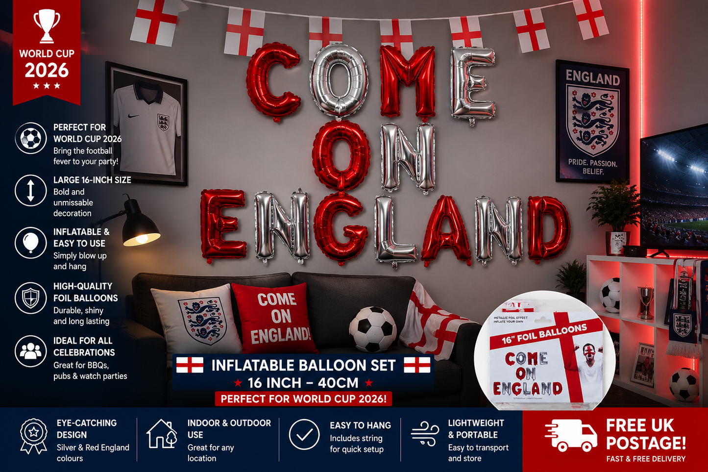World Cup "COME ON ENGLAND" Balloon Banner - Large 16"