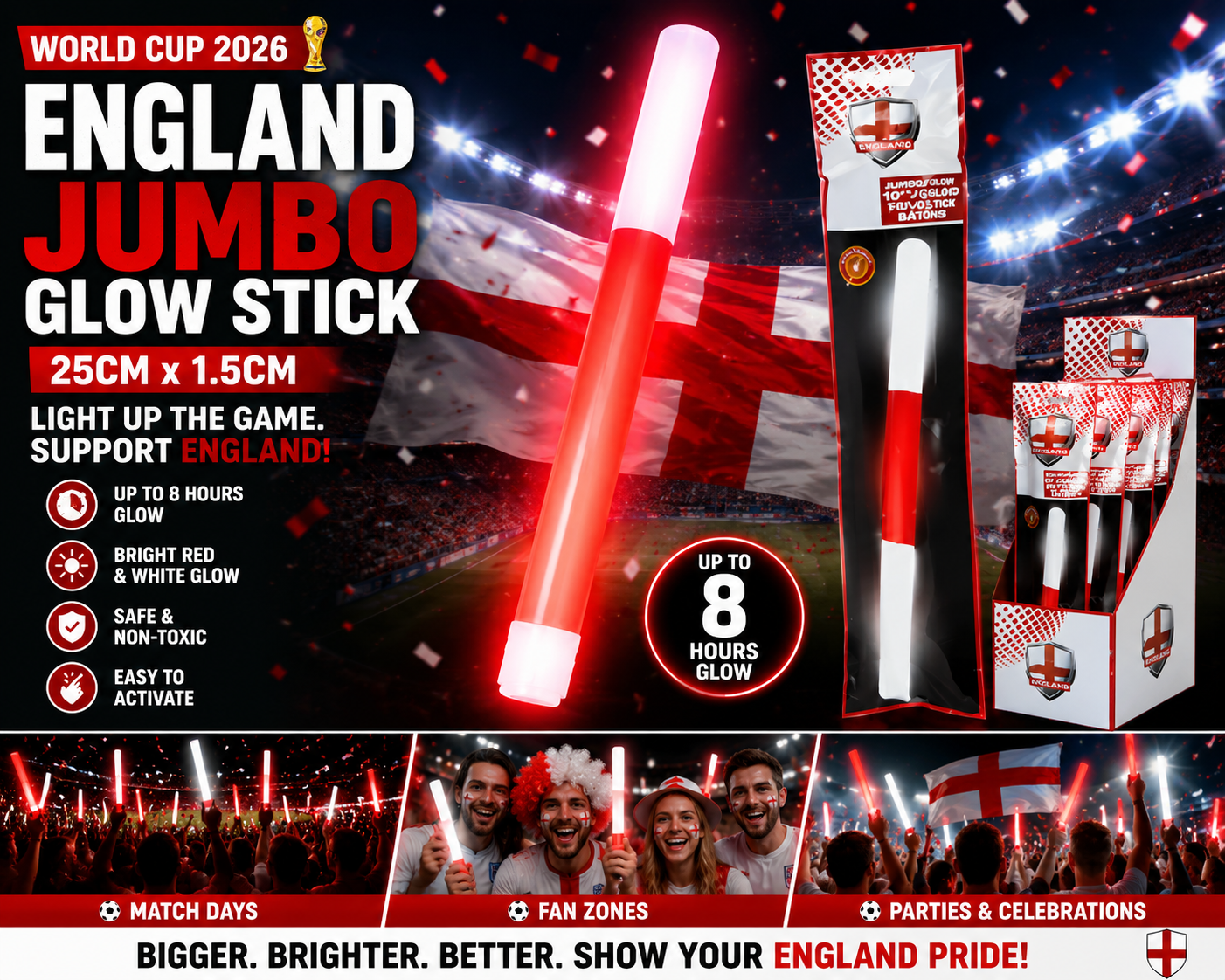 World Cup 2026 England Jumbo Glow Stick 25cm x 1.5cm – Red & White