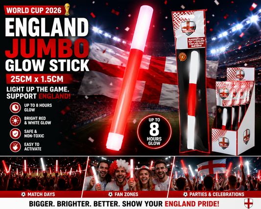 World Cup 2026 England Jumbo Glow Stick 25cm x 1.5cm – Red & White