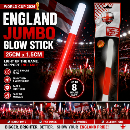 World Cup 2026 England Jumbo Glow Stick 25cm x 1.5cm – Red & White