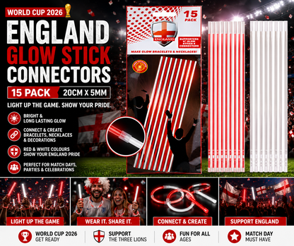 England World Cup 2026 Glow Stick Connectors – 15 Pack (20cm x 5mm) – Red & White