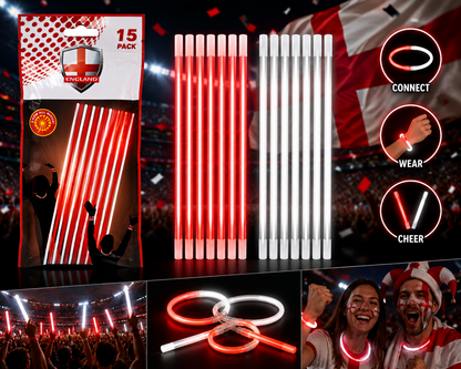 England World Cup 2026 Glow Stick Connectors – 15 Pack (20cm x 5mm) – Red & White