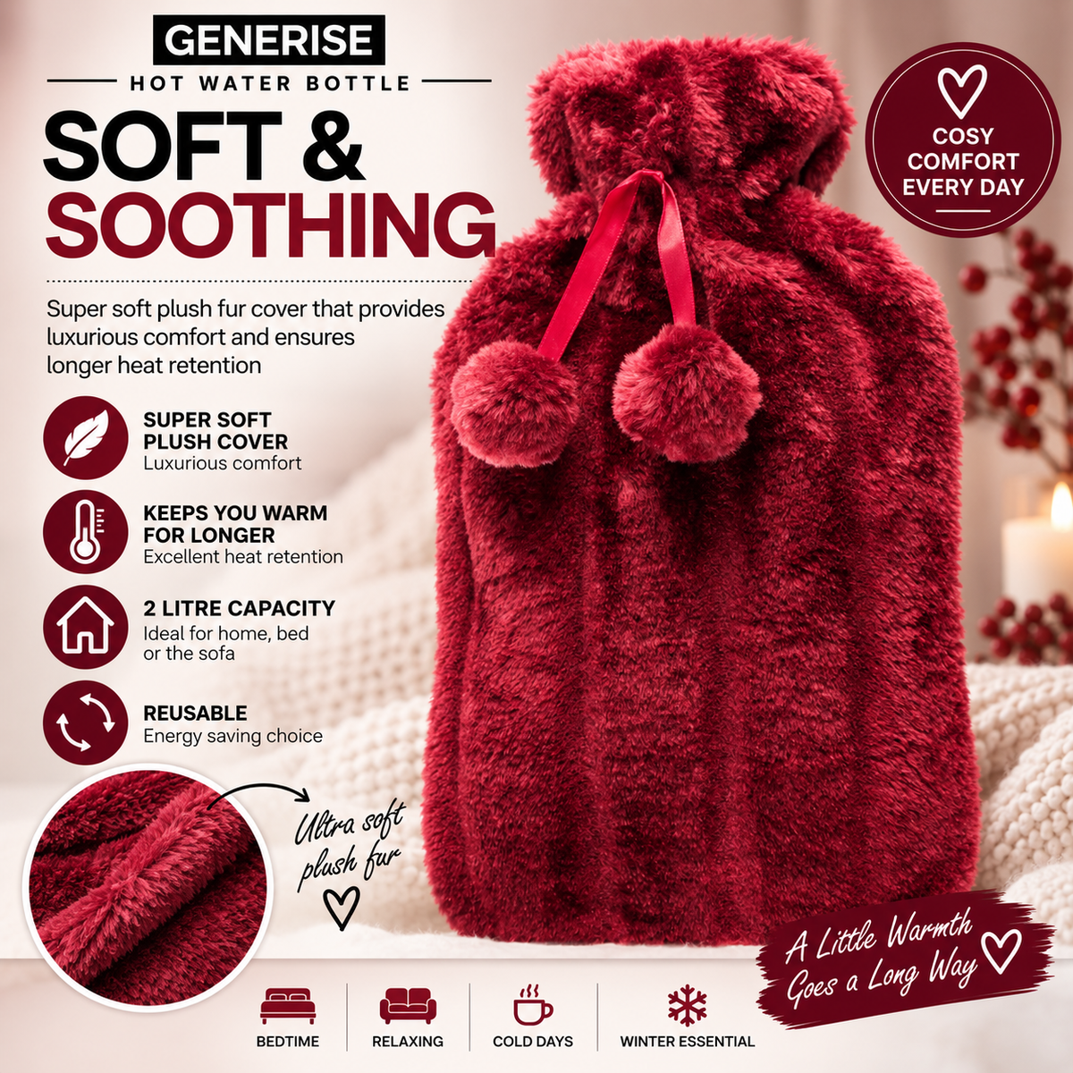 Generise 2L Hot Water Bottle with Plush Cover – Extra Warm & Safe