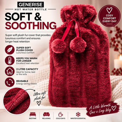 Generise 2L Hot Water Bottle with Plush Cover – Extra Warm & Safe – RANDOM COLOUR