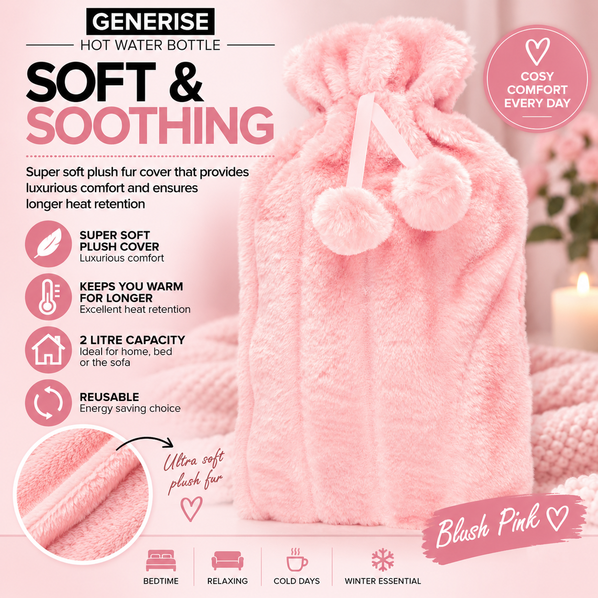 Generise 2L Hot Water Bottle with Plush Cover – Extra Warm & Safe