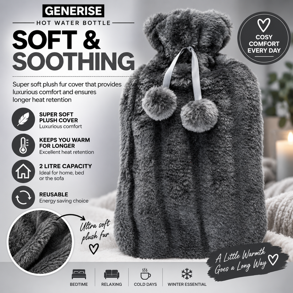 Generise 2L Hot Water Bottle with Plush Cover – Extra Warm & Safe
