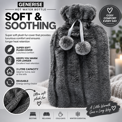 Generise 2L Hot Water Bottle with Plush Cover – Extra Warm & Safe