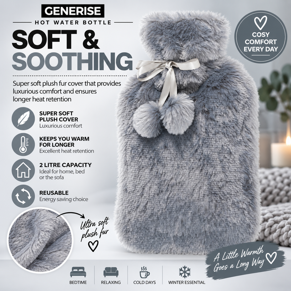 Generise 2L Hot Water Bottle with Plush Cover – Extra Warm & Safe – RANDOM COLOUR