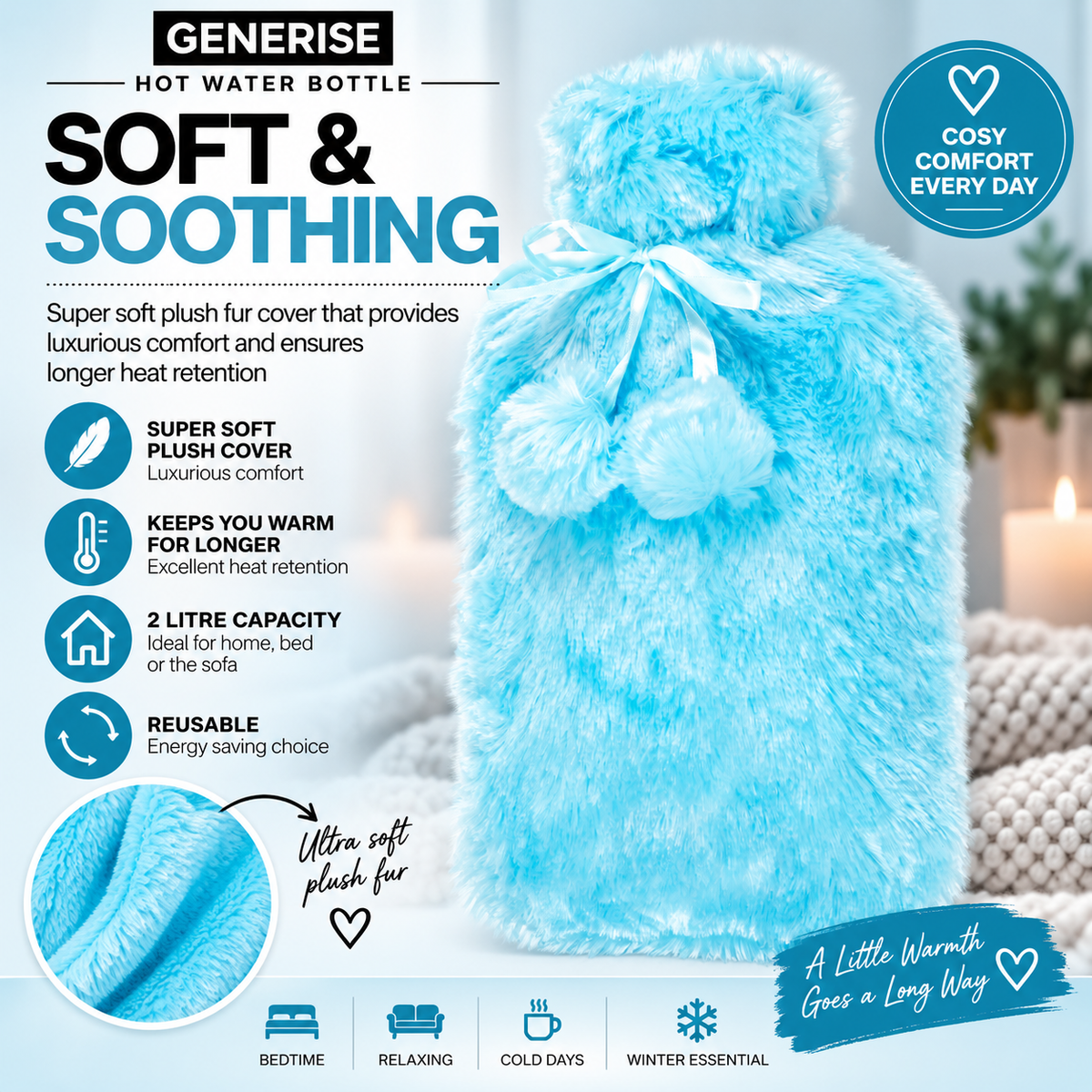 Generise 2L Hot Water Bottle with Plush Cover – Extra Warm & Safe
