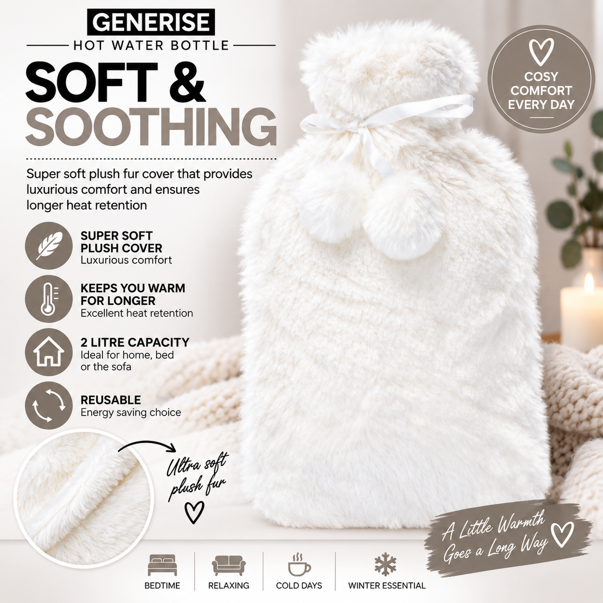 Generise 2L Hot Water Bottle with Plush Cover – Extra Warm & Safe