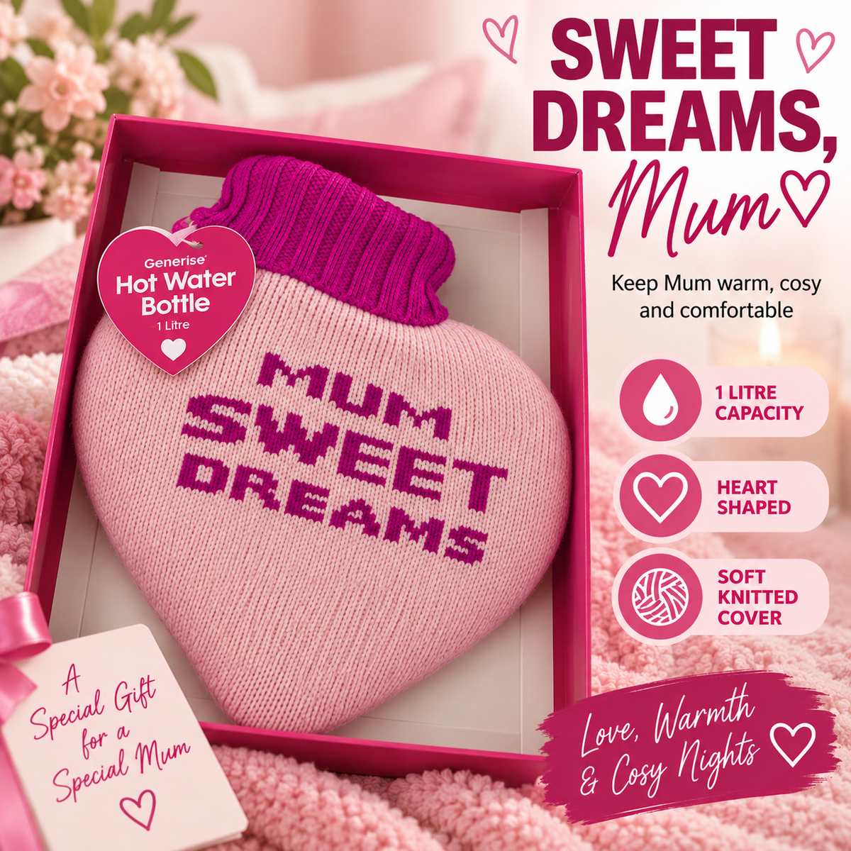 Generise 1L Heart-Shaped Hot Water Bottles with Plush Cover – Perfect Gift for Mum